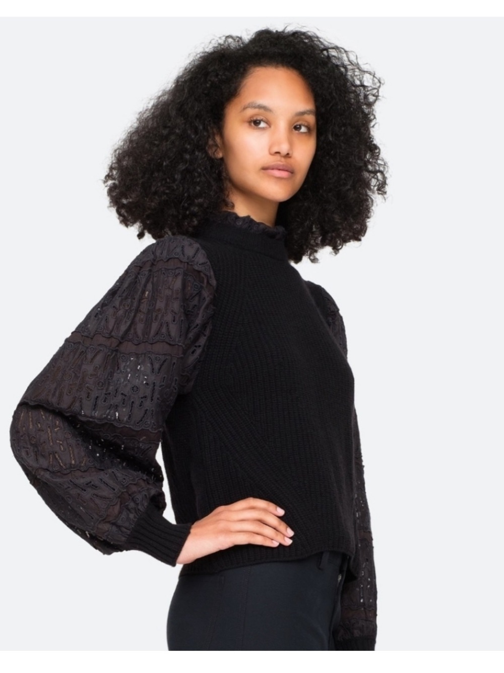 Sea NY Iris Eyelet Cotton Sweater in Black
